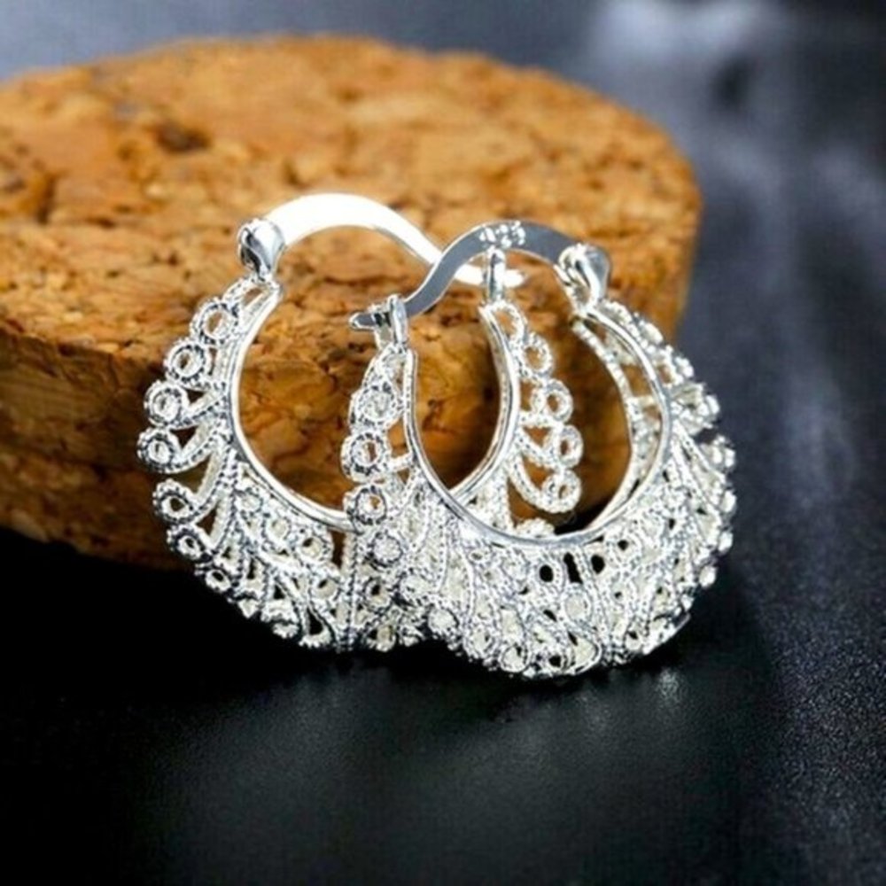 New Beautiful 925 Silver Filigree Scroll Hoops